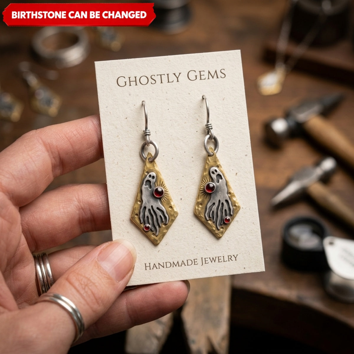 Personalized Double Birthstone Ghost Earrings – Vintage Two-Tone Dangle Jewelry, Halloween Gift for Her