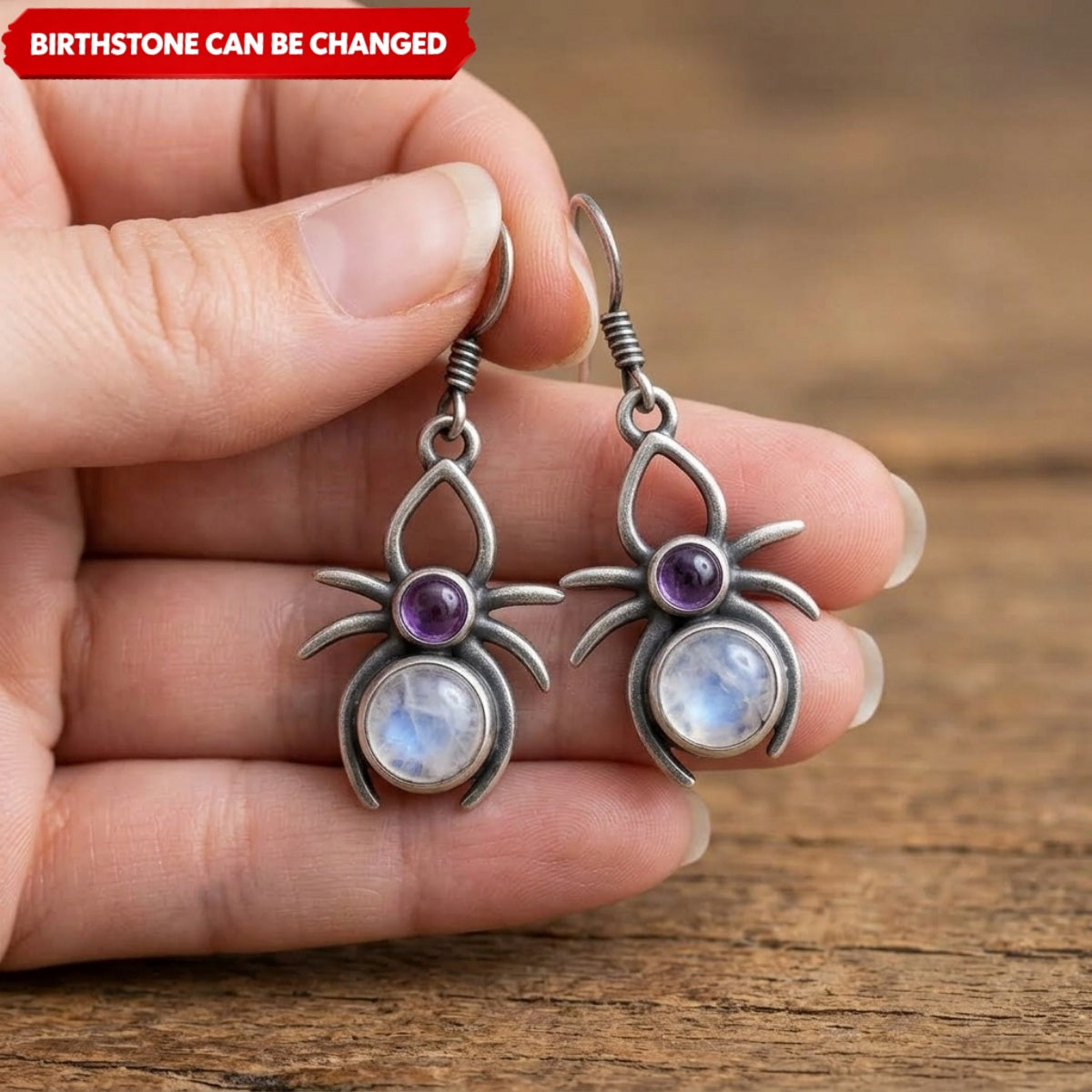 Personalized Spider Birthstone Earrings – Vintage Moonstone Drop Jewelry, Halloween Gift for Her