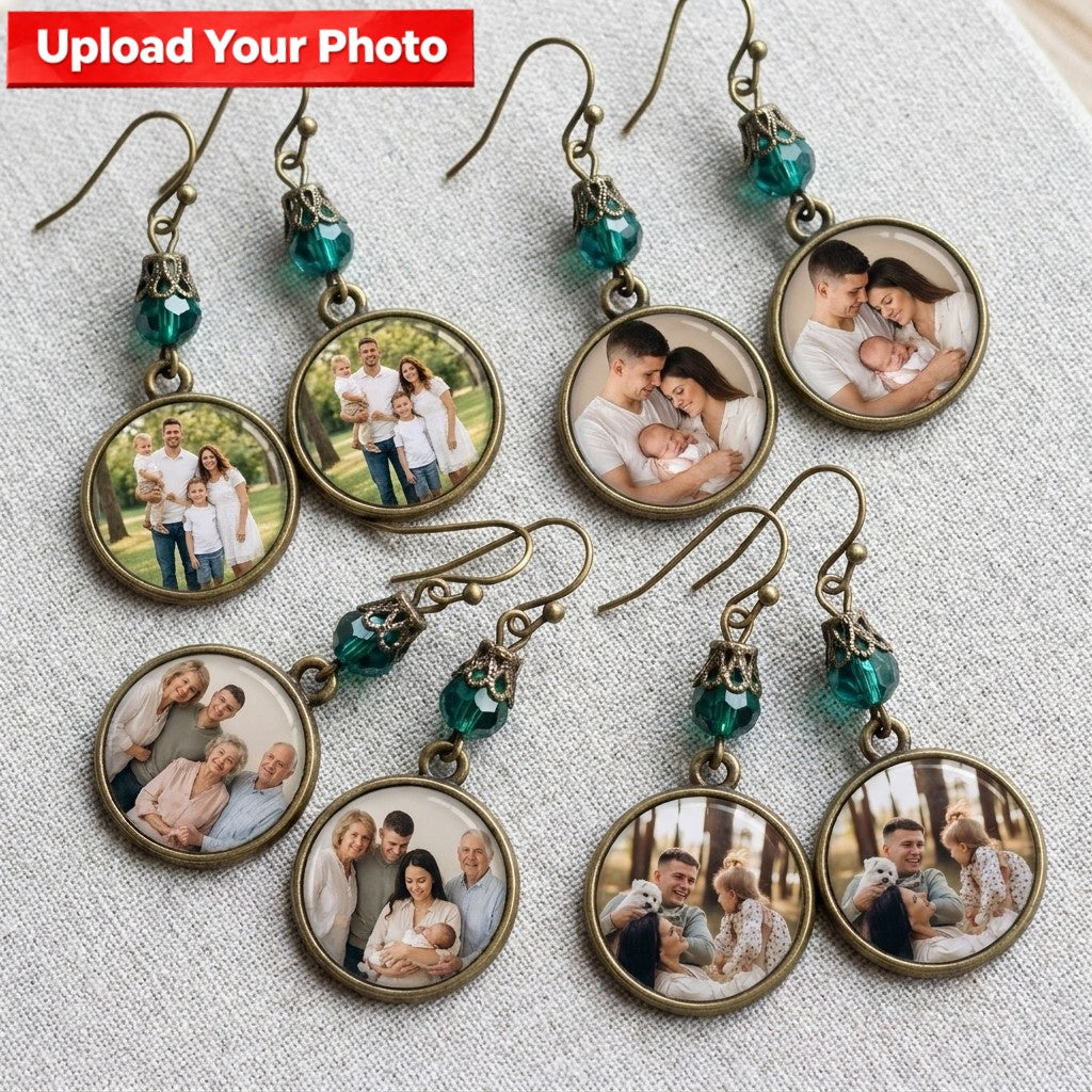 Personalized Photo Drop Earrings – Vintage Round Disc Keepsake Jewelry, Meaningful Gift for Mom & Family