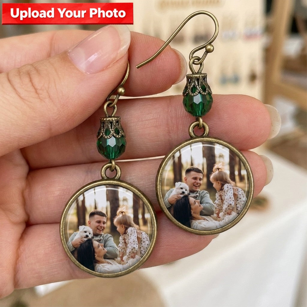 Personalized Photo Drop Earrings – Vintage Round Disc Keepsake Jewelry, Meaningful Gift for Mom & Family