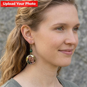 Personalized "You & Me" Photo Drop Earrings - Custom Round Disc Keepsake Green beads Jewelry Gift for Her