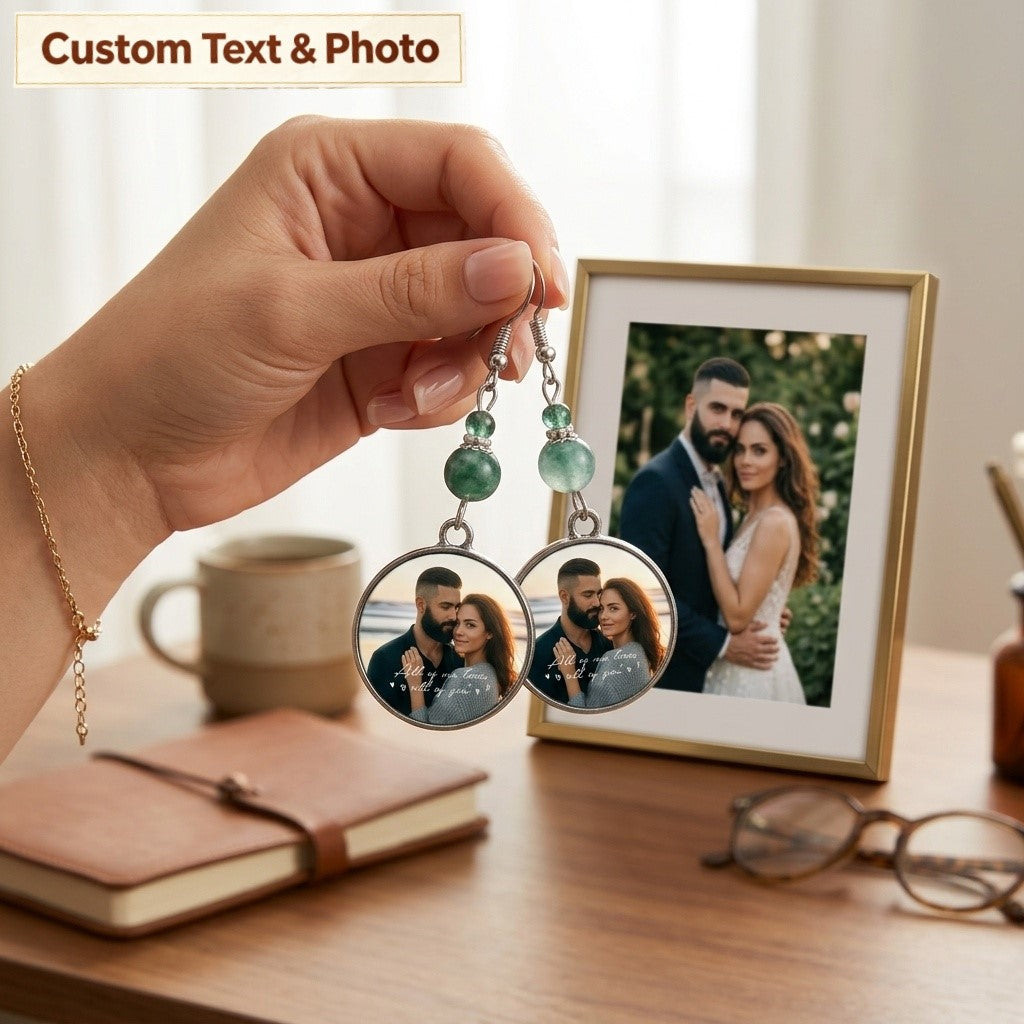 Personalized "You & Me" Photo Drop Earrings – Custom Round Disc Keepsake Jewelry Anniversary Gift for Her