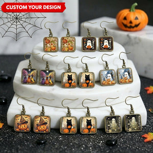 Personalized Halloween Square Drop Earrings – Black Cat, Ghost, Witch & Pumpkin Autumn Jewelry