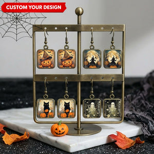 Personalized Halloween Square Drop Earrings – Black Cat, Ghost, Witch & Pumpkin Autumn Jewelry