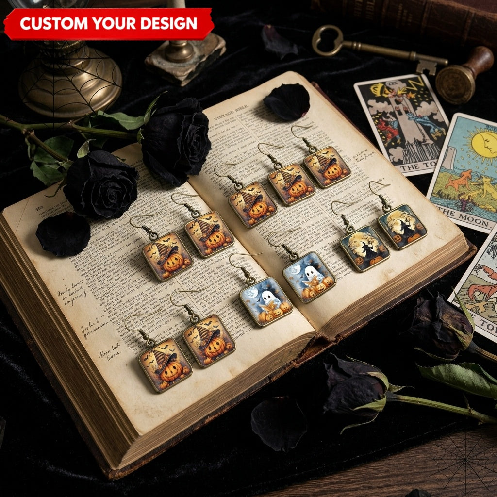 Personalized Halloween Square Drop Earrings – Black Cat, Ghost, Witch & Pumpkin Autumn Jewelry