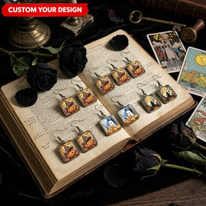 Personalized Halloween Square Drop Earrings – Black Cat, Ghost, Witch & Pumpkin Autumn Jewelry
