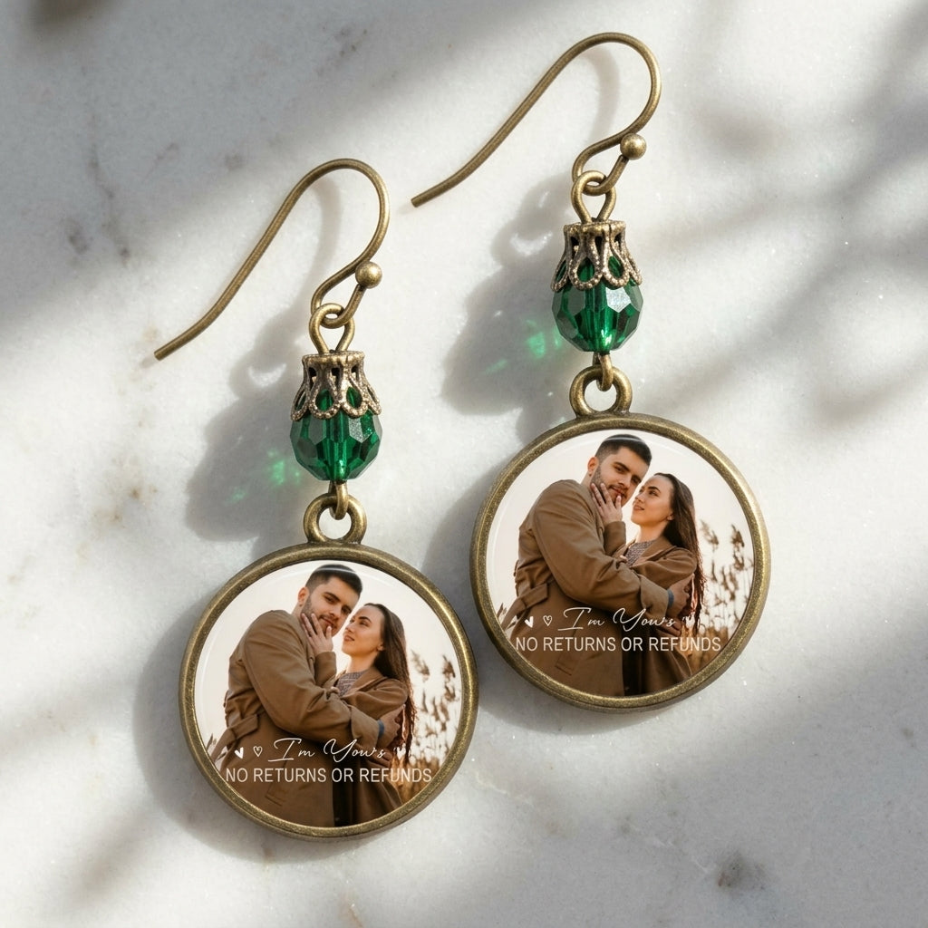Personalized "You & Me" Photo Drop Earrings - Custom Round Disc Keepsake Green beads Jewelry Gift for Her