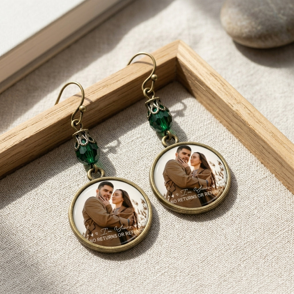 Personalized "You & Me" Photo Drop Earrings - Custom Round Disc Keepsake Green beads Jewelry Gift for Her