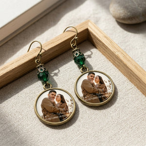 Personalized "You & Me" Photo Drop Earrings - Custom Round Disc Keepsake Green beads Jewelry Gift for Her