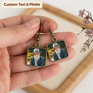 Personalized Photo Square Drop Earrings – Vintage Keepsake Jewelry, Meaningful Gift for Mom, Wife & Family