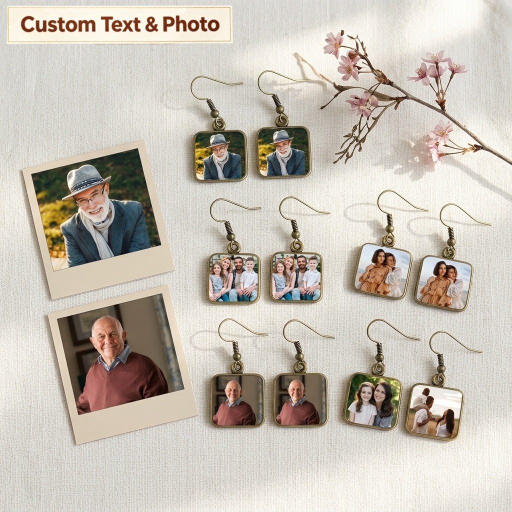 Personalized Photo Square Drop Earrings – Vintage Keepsake Jewelry, Meaningful Gift for Mom, Wife & Family