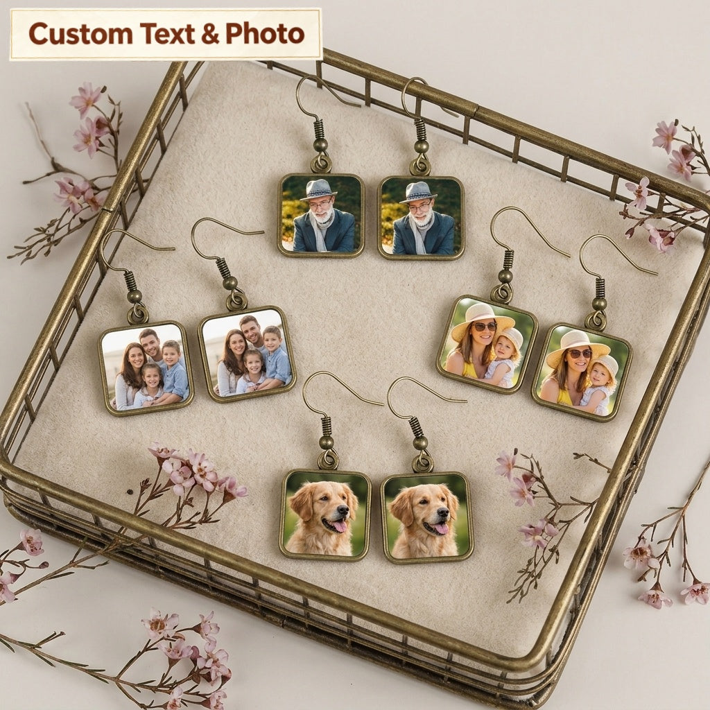 Personalized Photo Square Drop Earrings – Vintage Keepsake Jewelry, Meaningful Gift for Mom, Wife & Family