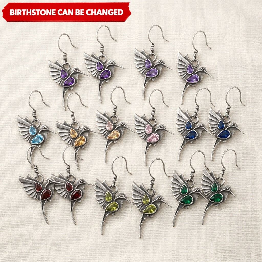 Custom Birthstone Hummingbird Earrings – Vintage Bohemian Copper Dangle Jewelry for Her