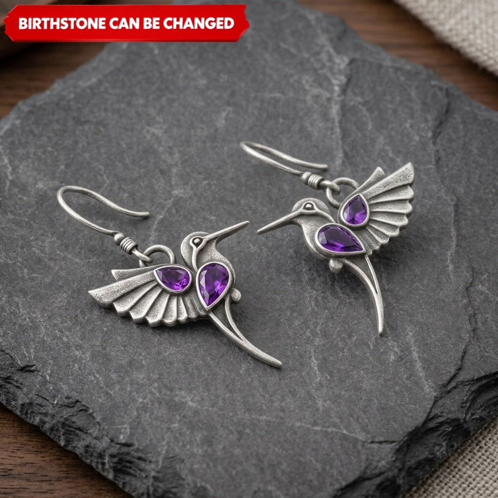Custom Birthstone Hummingbird Earrings – Vintage Bohemian Copper Dangle Jewelry for Her