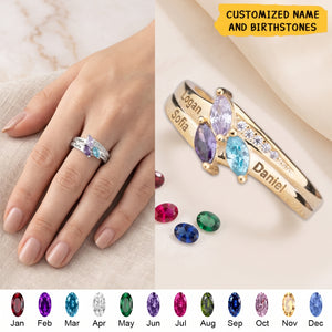 Dainty Gold Leaf Personalized Birthstone Ring - Mother Grandma Family Ring Gift