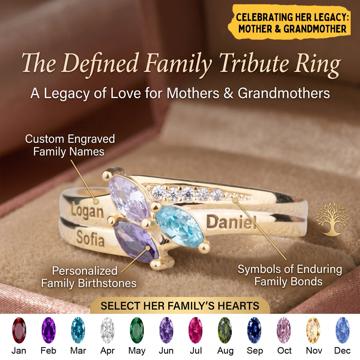 Dainty Gold Leaf Personalized Birthstone Ring - Mother Grandma Family Ring Gift