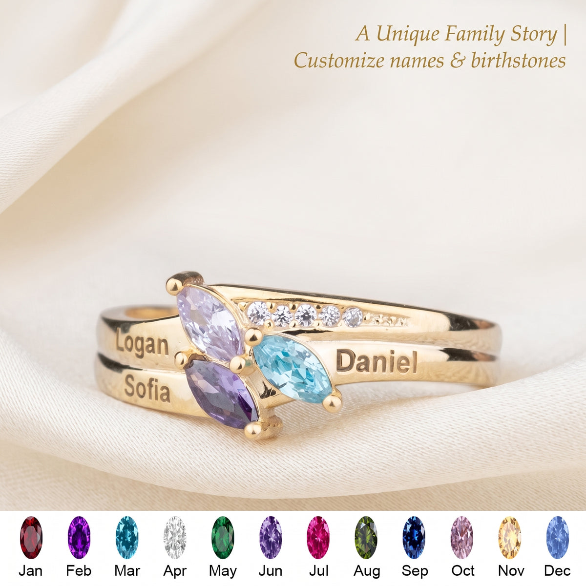 Dainty Gold Leaf Personalized Birthstone Ring - Mother Grandma Family Ring Gift
