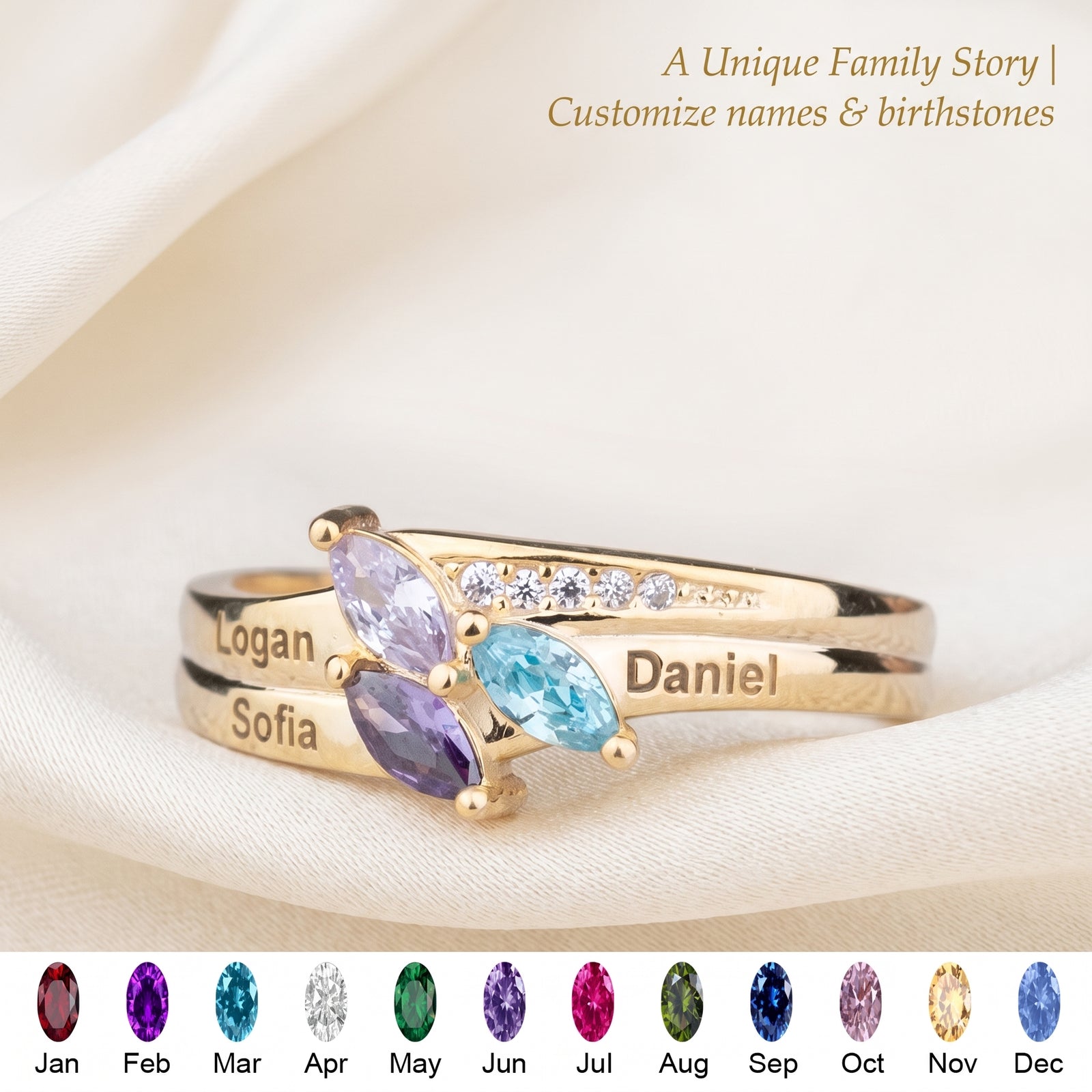 Dainty Gold Leaf Personalized Birthstone Ring - Mother Grandma Family Ring Gift