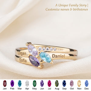 Dainty Gold Leaf Personalized Birthstone Ring - Mother Grandma Family Ring Gift