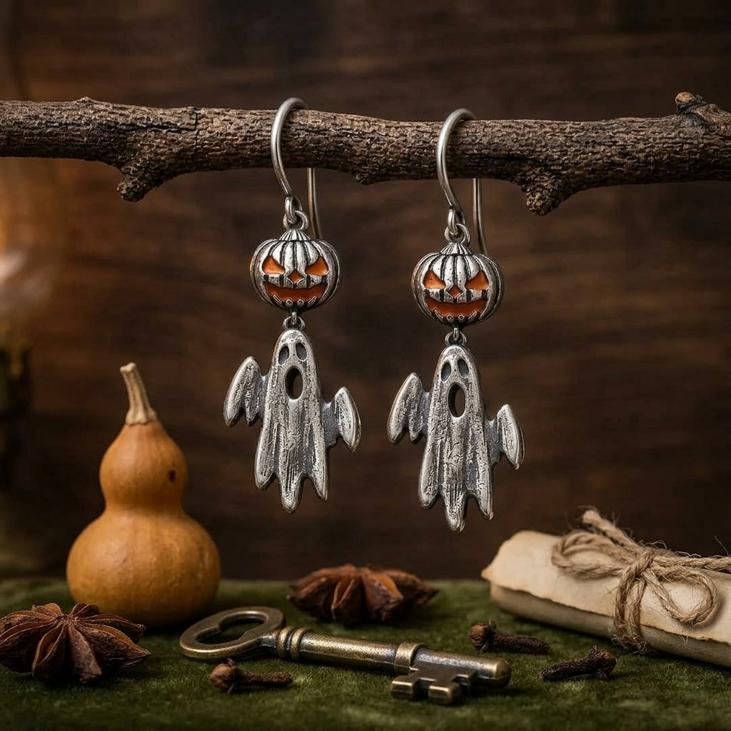 Vintage Jack-o'-Lantern & Ghost Earrings - Halloween Dangle Jewelry, Spooky Gift for Her