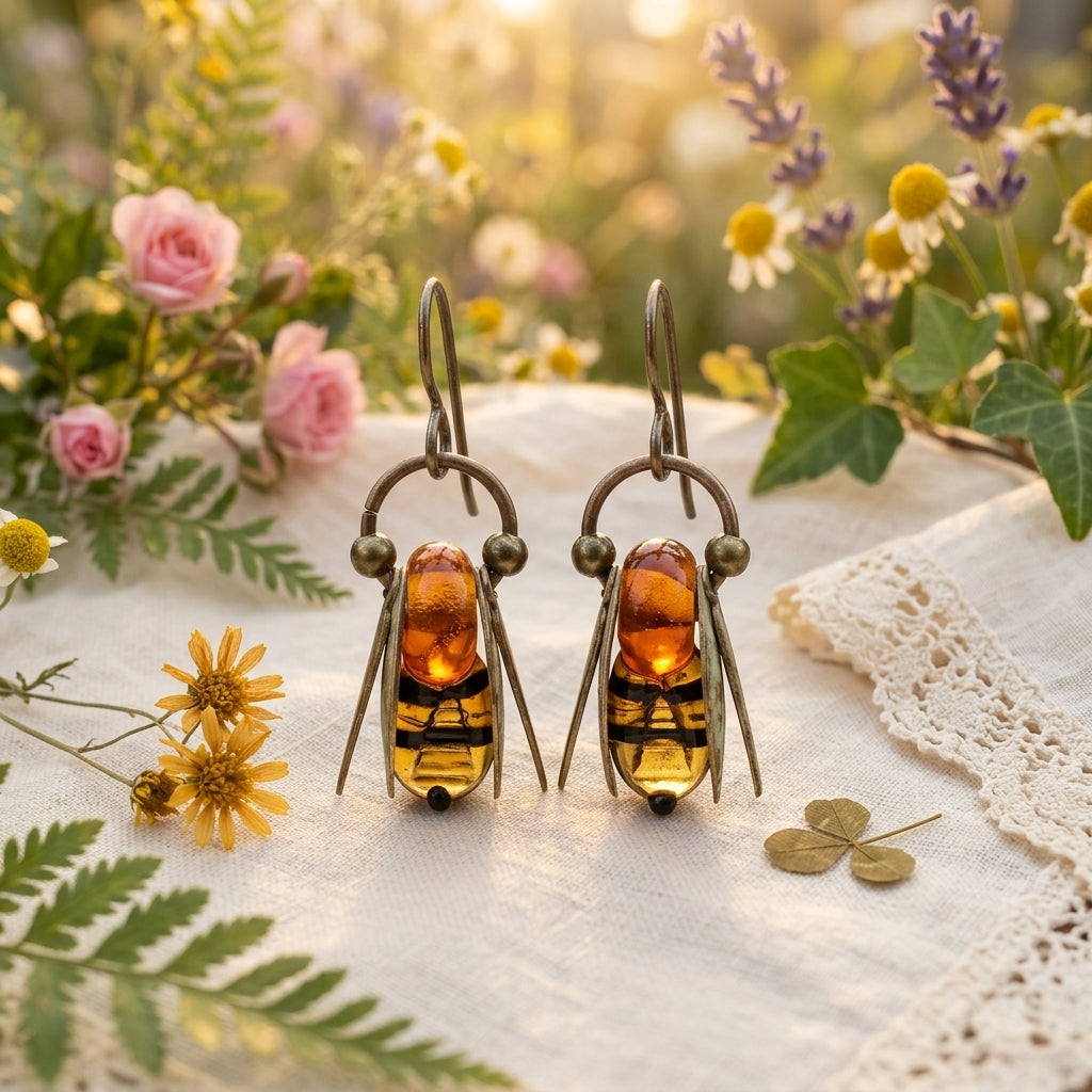 Vintage Amber Bee Drop Earrings – Nature-Inspired Bohemian Jewelry, Unique Gift for Her