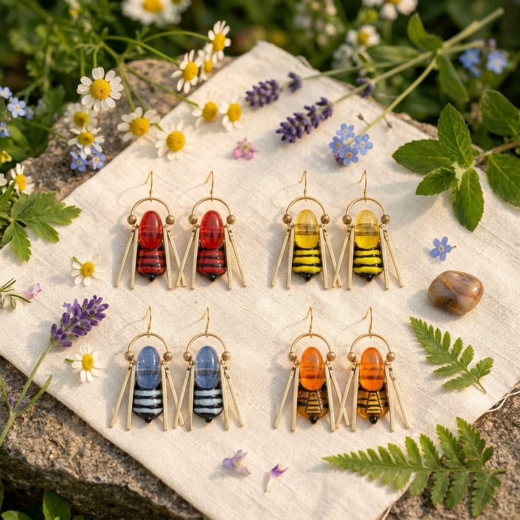 Vintage Amber Bee Drop Earrings – Nature-Inspired Bohemian Jewelry, Unique Gift for Her