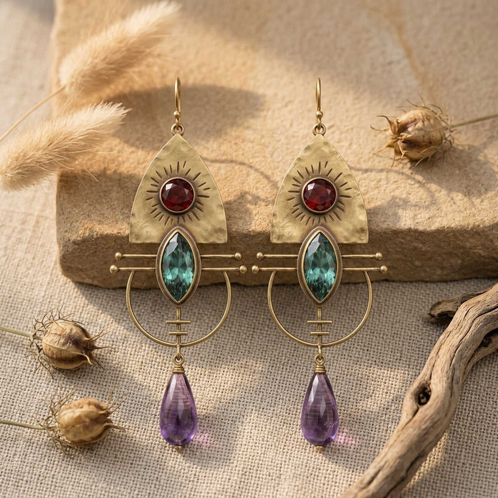 Vintage Multi-Gemstone Drop Earrings – Gold Bohemian Statement Jewelry, Unique Gift for Her