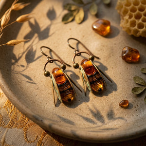 Vintage Amber Bee Drop Earrings – Nature-Inspired Bohemian Jewelry, Unique Gift for Her