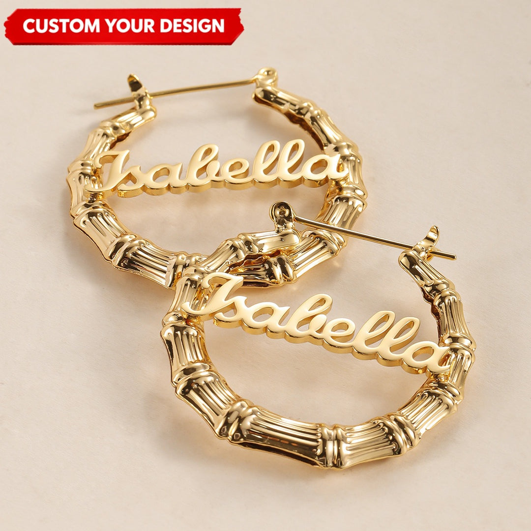 Personalized Name Bamboo Name Hoop Earrings Nameplate Jewelry Gift For Women