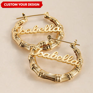 Personalized Name Bamboo Name Hoop Earrings Nameplate Jewelry Gift For Women