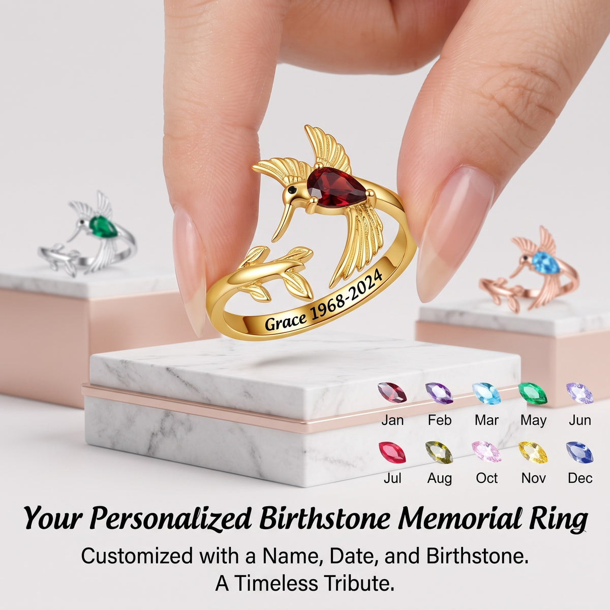 Hummingbird Leaf Personalized Birthstone Engraved Memorial Ring