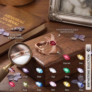 Hummingbird Leaf Personalized Birthstone Engraved Memorial Ring