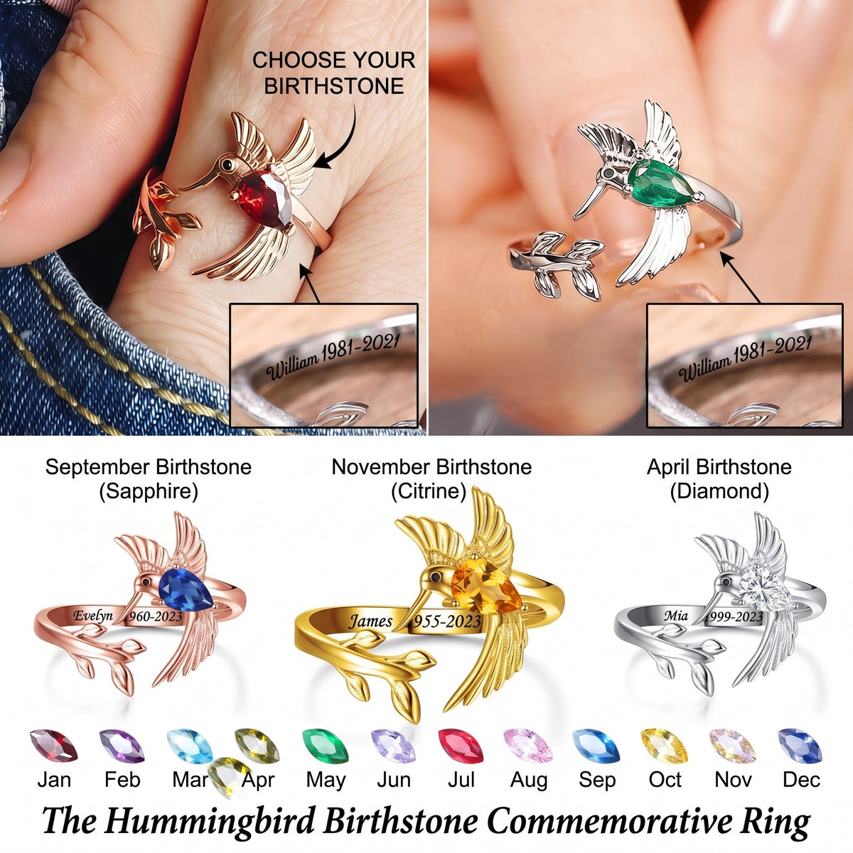 Hummingbird Leaf Personalized Birthstone Engraved Memorial Ring