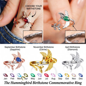 Hummingbird Leaf Personalized Birthstone Engraved Memorial Ring
