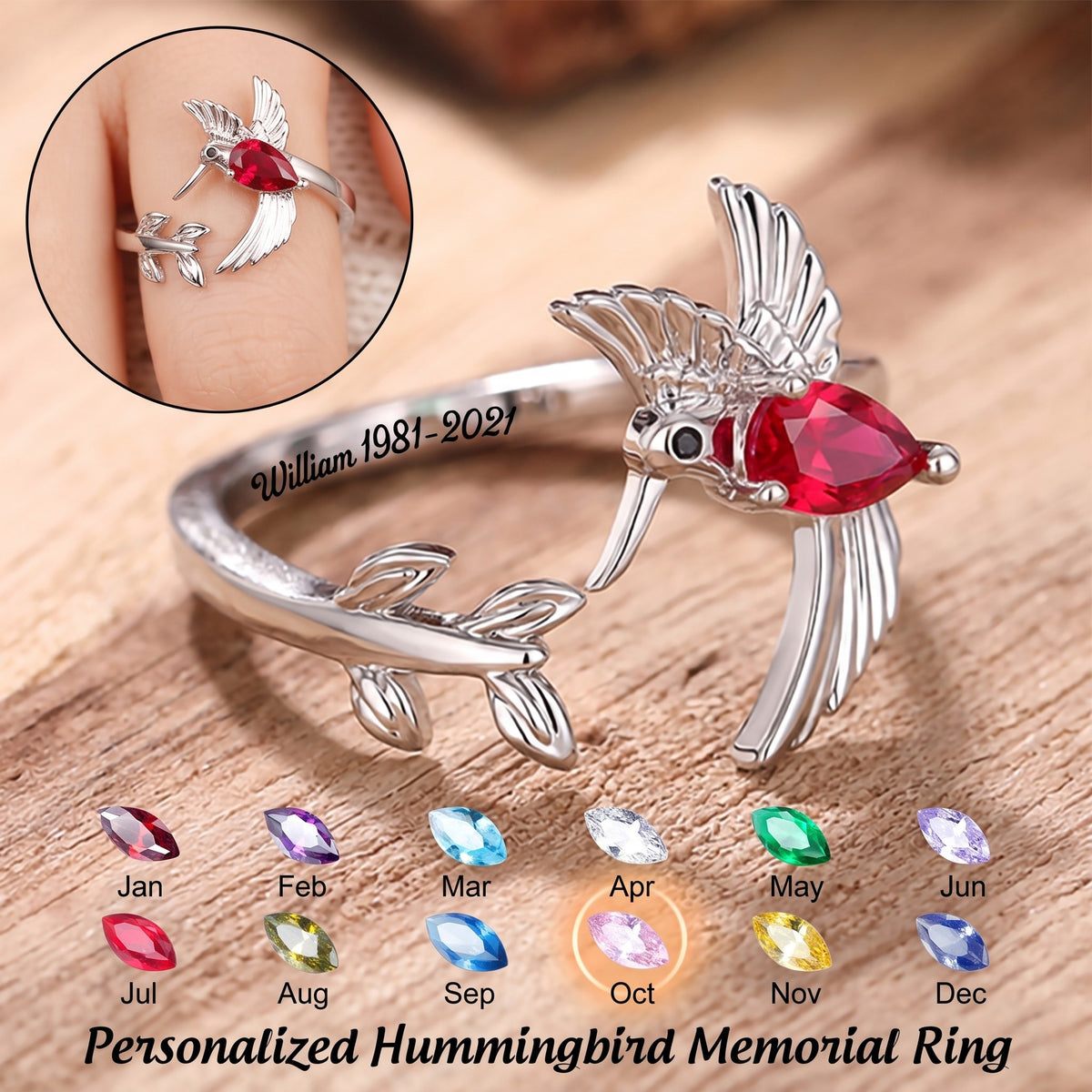 Hummingbird Leaf Personalized Birthstone Engraved Memorial Ring