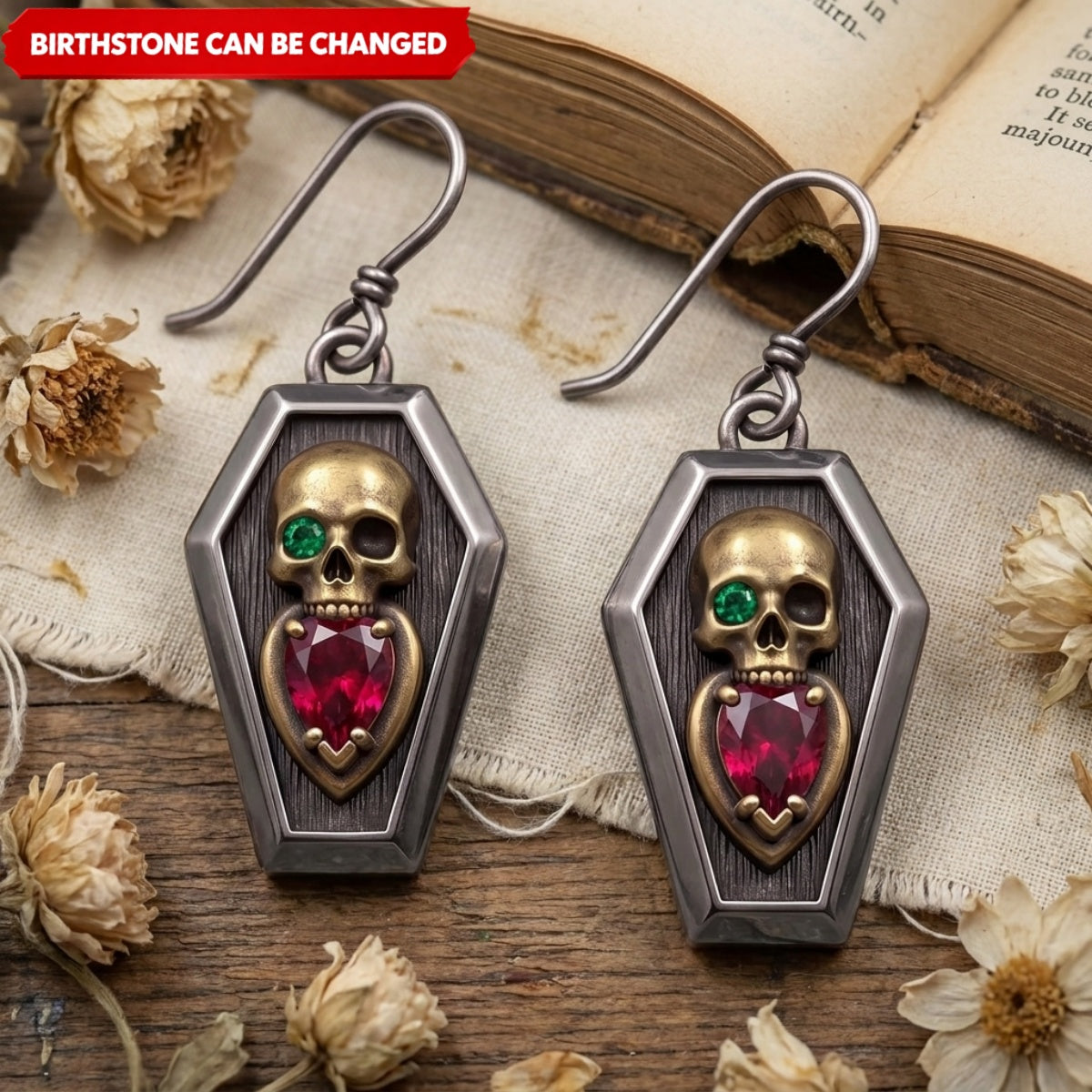 Personalized Coffin Skull Birthstone Earrings – Vintage Gothic Dangle Jewelry, Halloween Gift for Her