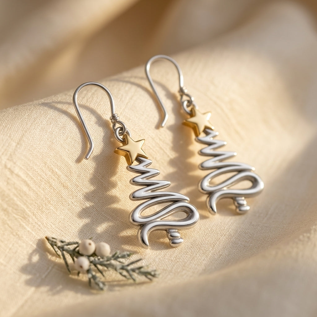 Vintage Christmas Tree Star Earrings – Spiral Dangle Holiday Jewelry, Festive Gift for Her