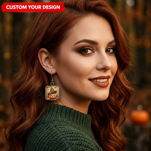Personalized Halloween Square Drop Earrings – Black Cat, Ghost, Witch & Pumpkin Autumn Jewelry
