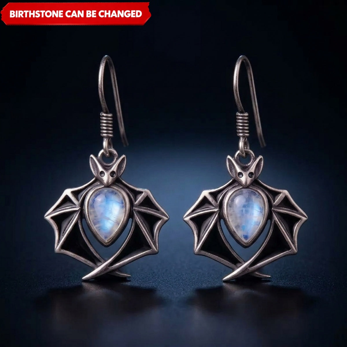 Personalized Bat Birthstone Earrings – Vintage Crystal Moonstone Teardrop Dangle Jewelry, Halloween Gift for Her
