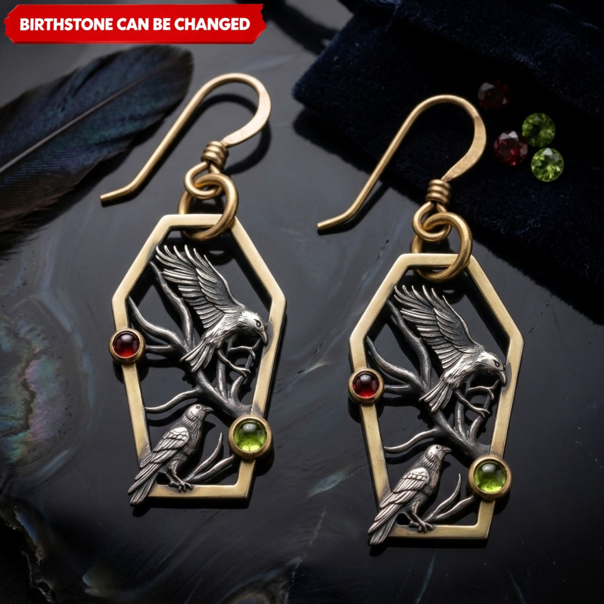 Personalized Double Raven Birthstone Earrings – Vintage Gothic Coffin Drop Jewelry, Halloween Gift for Her