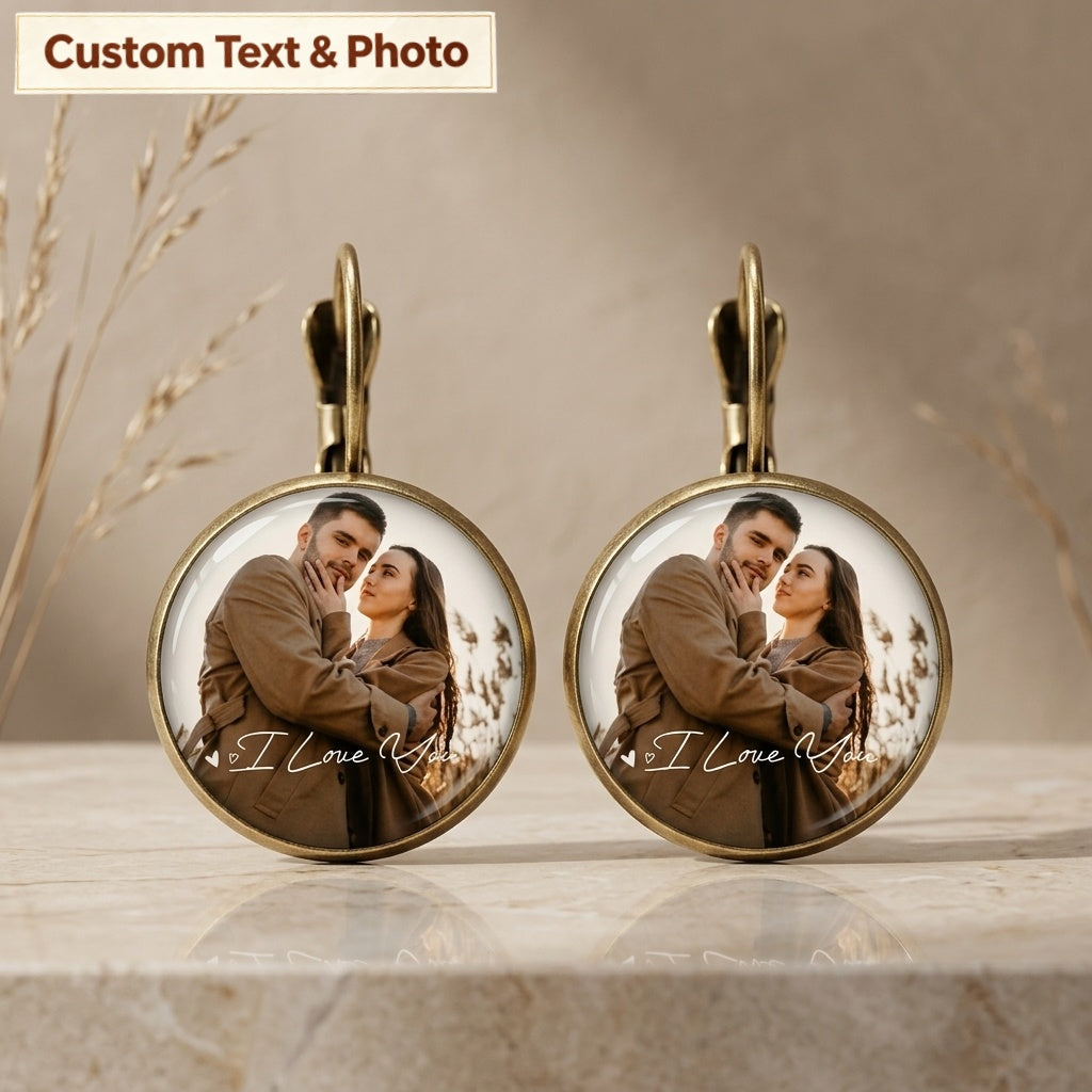 Personalized "You & Me" Photo Earrings – Vintage Round Crystal Disc Keepsake Jewelry, Anniversary Gift for Her