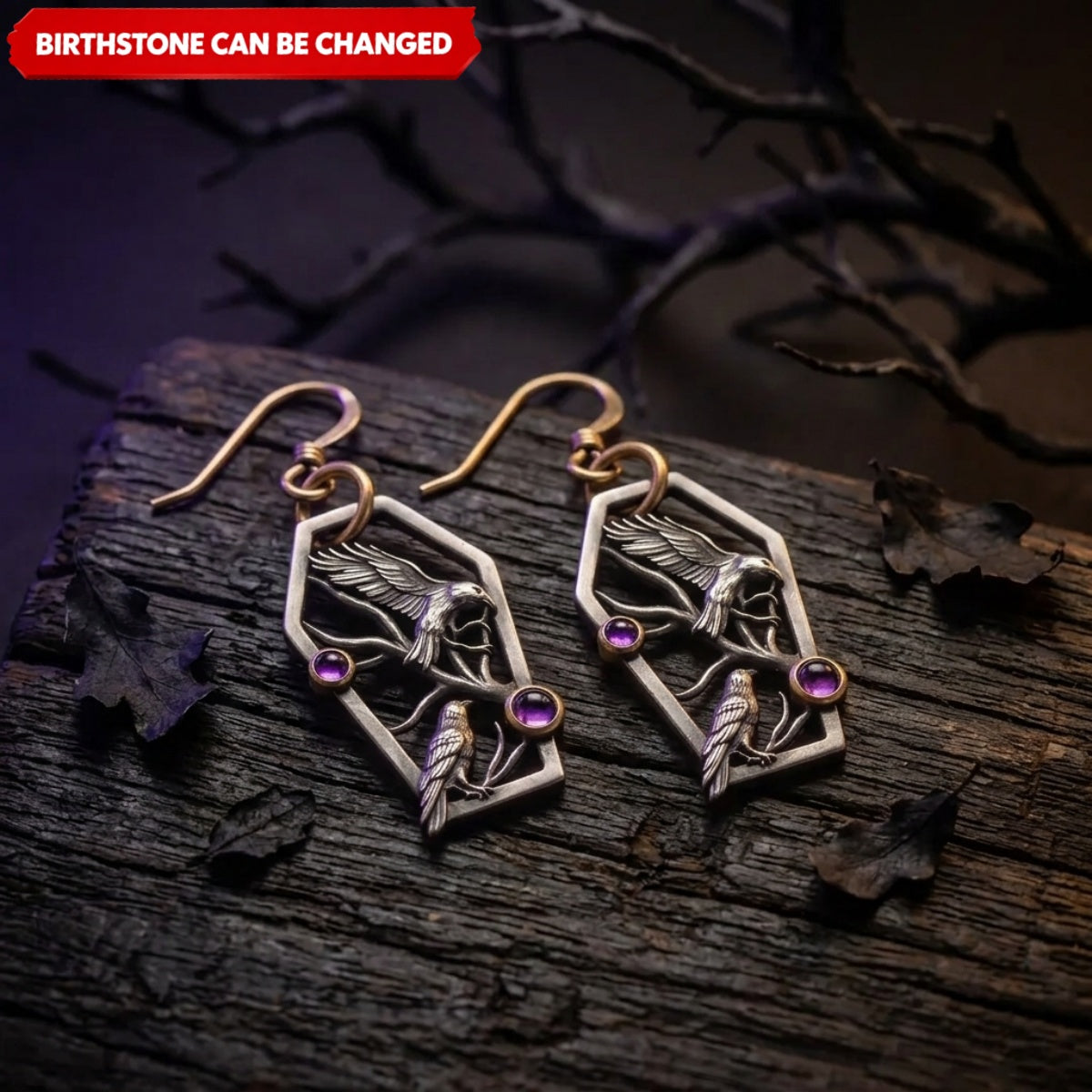 Personalized Double Raven Birthstone Earrings – Vintage Gothic Coffin Drop Jewelry, Halloween Gift for Her