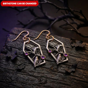 Personalized Double Raven Birthstone Earrings – Vintage Gothic Coffin Drop Jewelry, Halloween Gift for Her