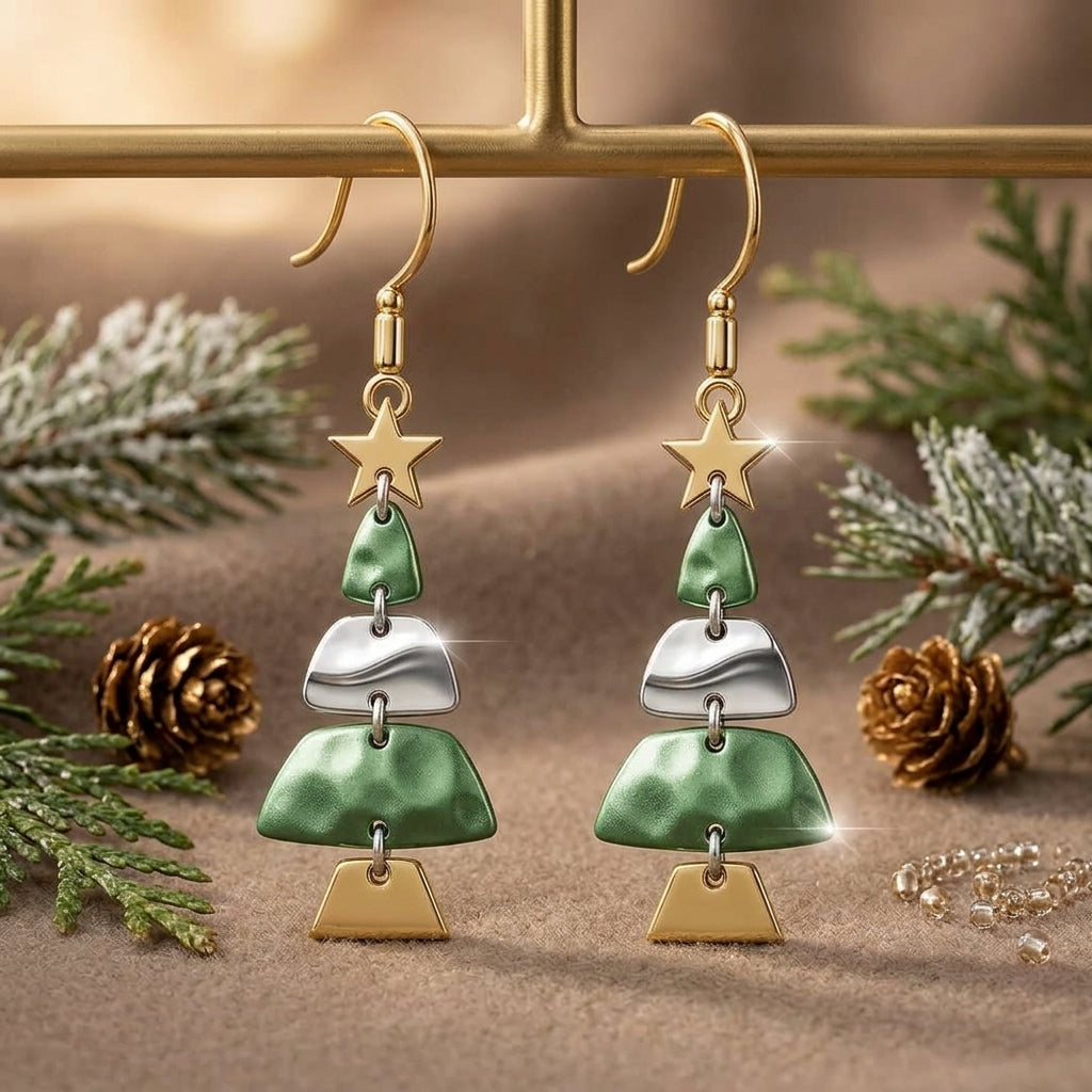 Layered Christmas Tree Earrings – Vintage Star Drop Holiday Jewelry, Festive Gift for Her