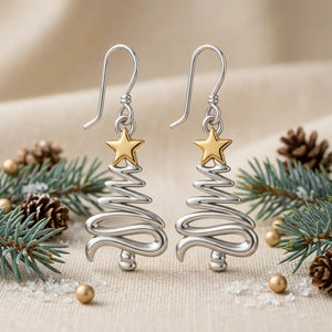 Vintage Christmas Tree Star Earrings – Spiral Dangle Holiday Jewelry, Festive Gift for Her