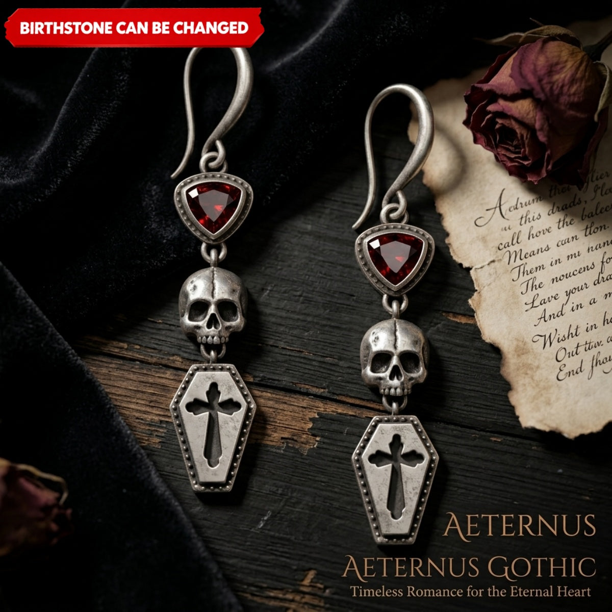 Personalized Gothic Skull Coffin Birthstone Earrings – Vintage Cross Drop Jewelry with Red Crystal Unique Gift for Her