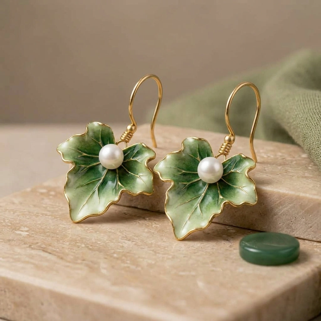 Vintage Green Leaf Earrings - Nature-Inspired Copper Dangle Jewelry, Elegant Gift for Her