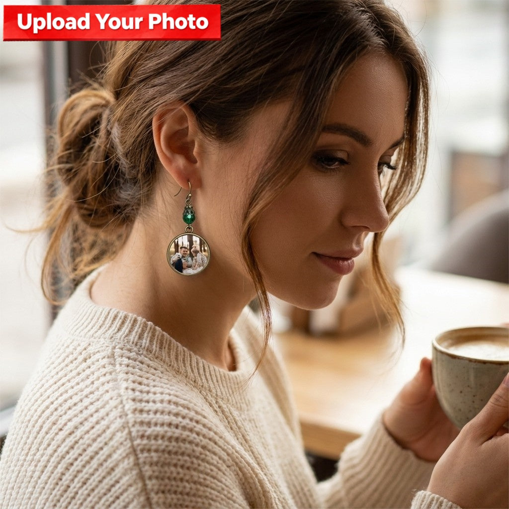 Personalized Photo Drop Earrings – Vintage Round Disc Keepsake Jewelry, Meaningful Gift for Mom & Family