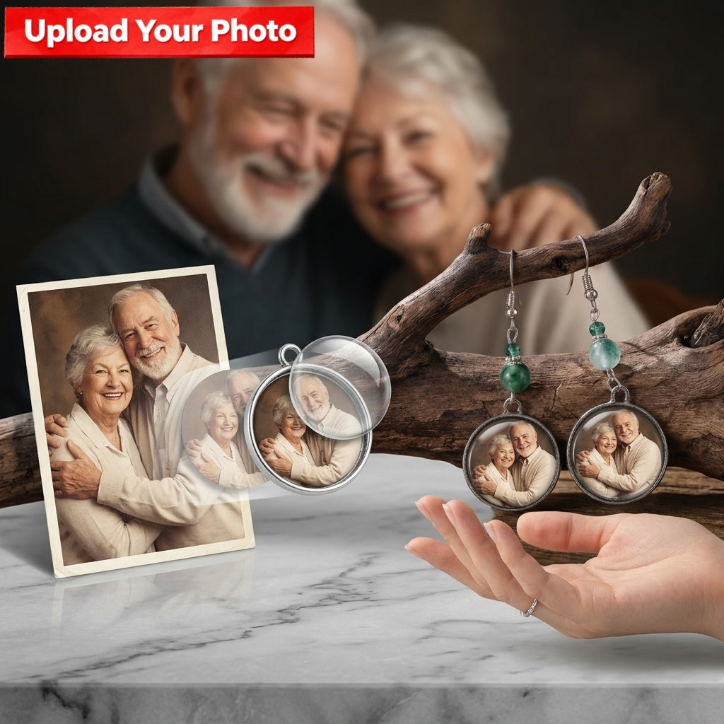 Personalized Photo Drop Earrings – Vintage Round Disc Keepsake Jewelry, Gift for Mom & Family