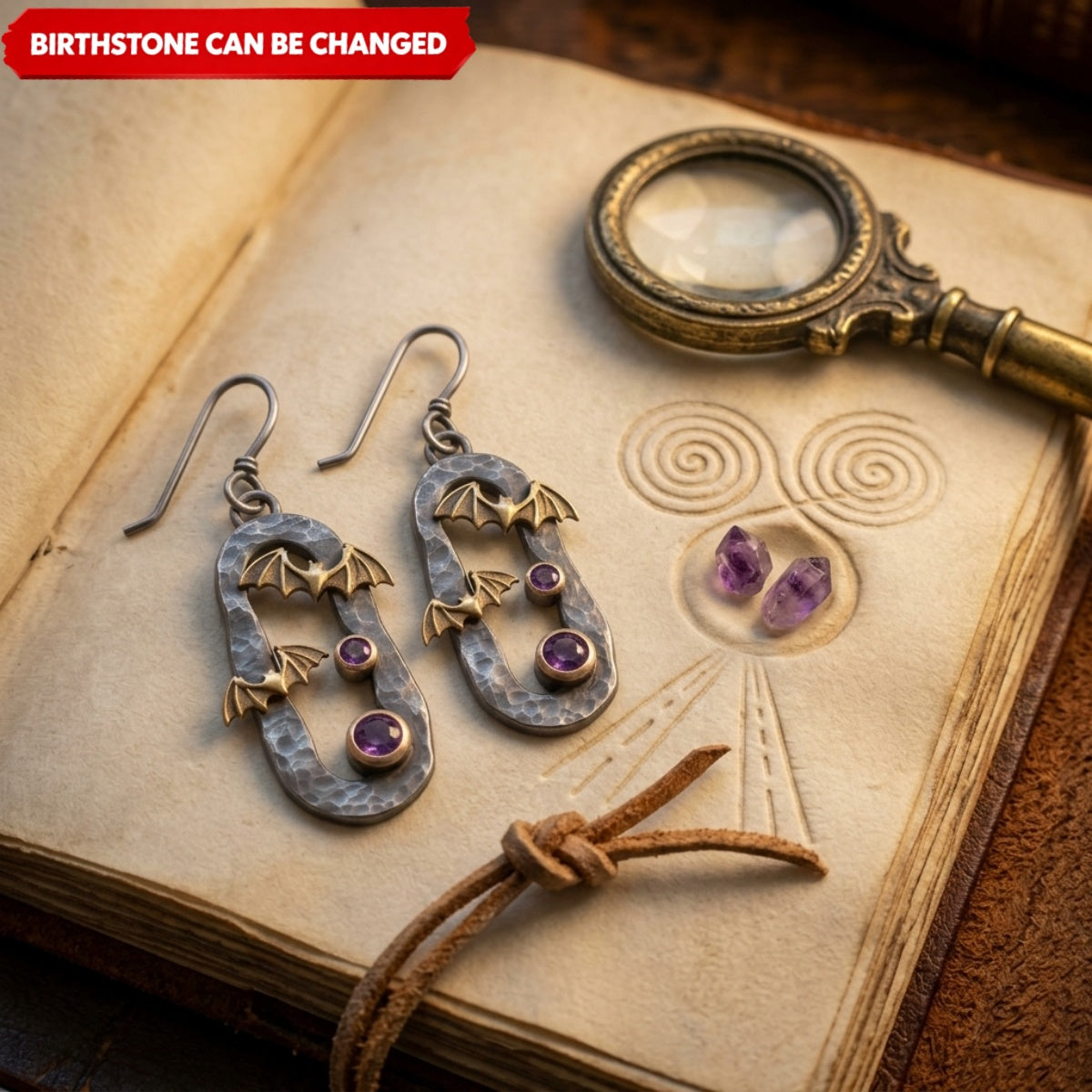 Personalized Double Birthstone Bat Earrings – Vintage Hammered Oval Dangle Jewelry, Halloween Gift for Her